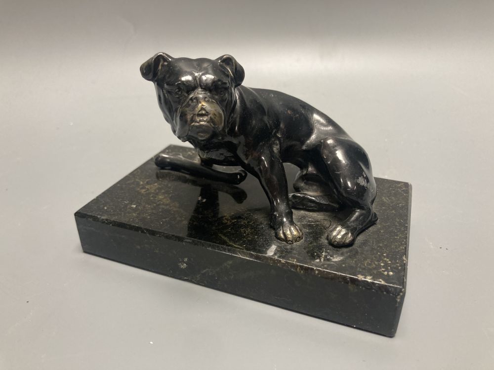 A patinated spelter model of a bulldog, length 13cm height 8.5cm